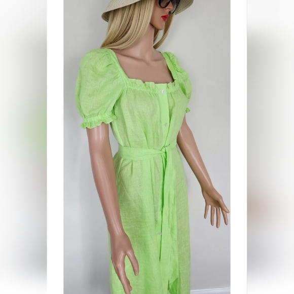 SLEEPER DRESS BRIGETTE GREEN LINEN BELT PUFF SLEEVES MIDI  SMALL - Picture 12 of 16